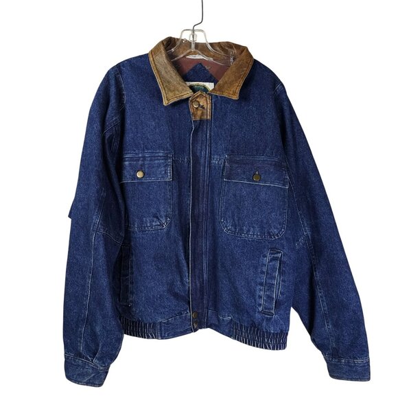 VTG Austin Heavy Denim Jacket Leather Collar XL Insulated Barn Coat Action Back - Picture 2 of 16